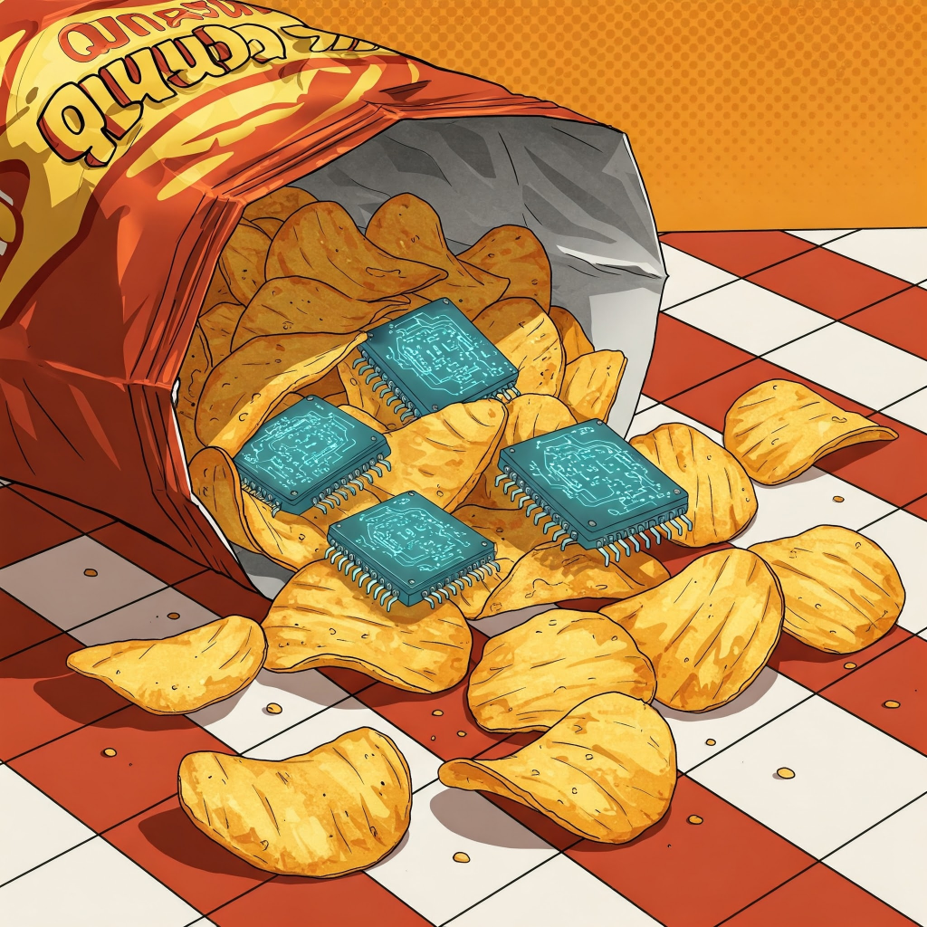 Tüte mit Chips und Quanten-Prozessoren